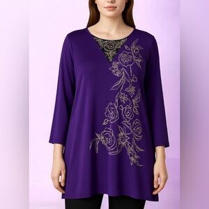 NWT!Avenue Purple Tunic Gold Embroidery Hanky Hem Size 30/32 or 4X